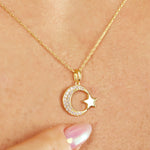 Load image into Gallery viewer, 14K Solid Gold Moon Star Necklace K130