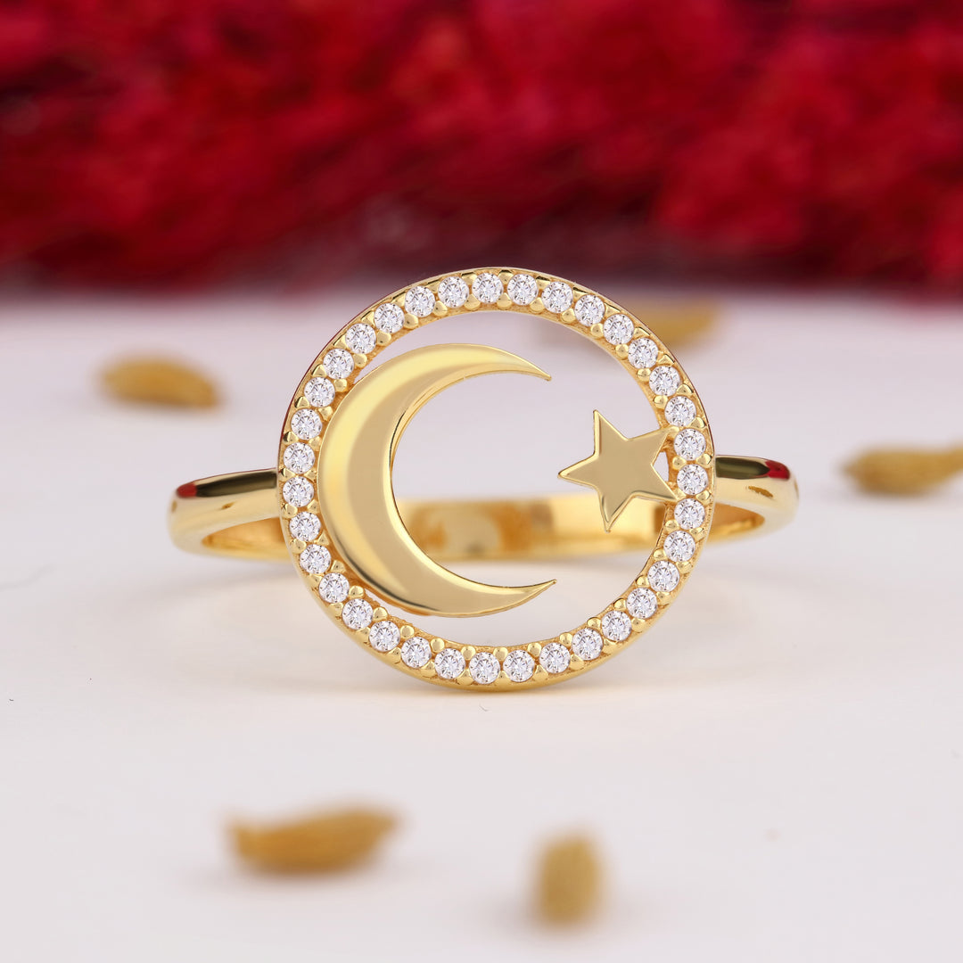 14K Solid Gold Moon Star Ring Y295