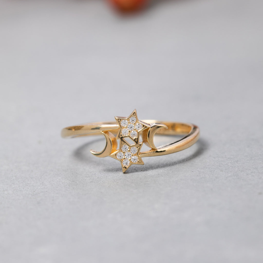 14K Solid Gold Moon And Star Ring Y237