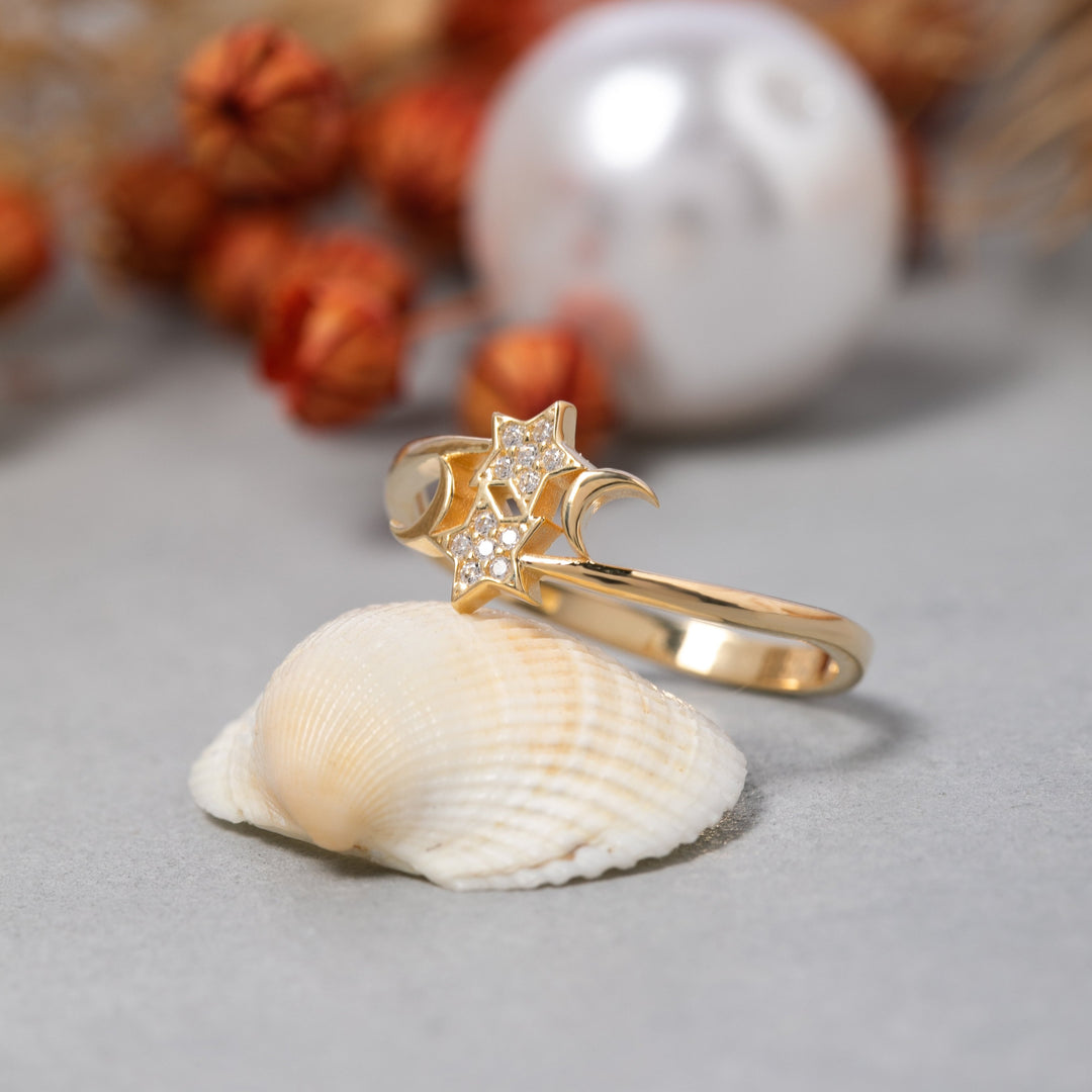 14K Solid Gold Moon And Star Ring Y237