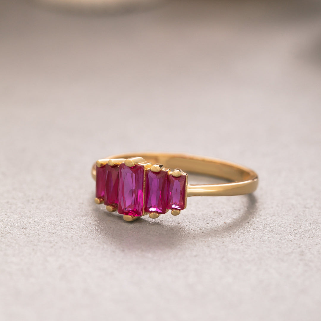 14K Solid Gold Ruby Baguette Ring Y204