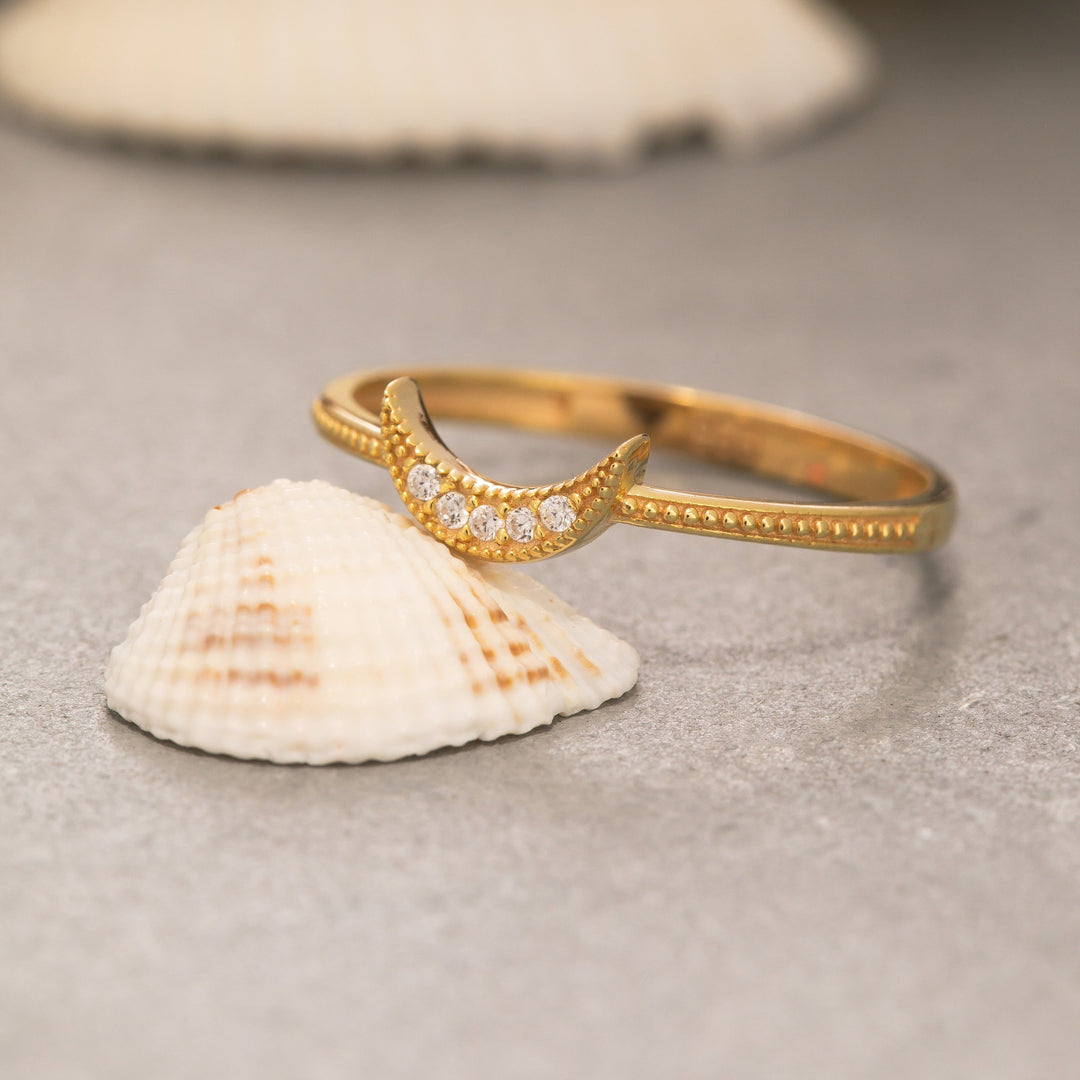 14K Solid Gold Thin Moon Ring Y214