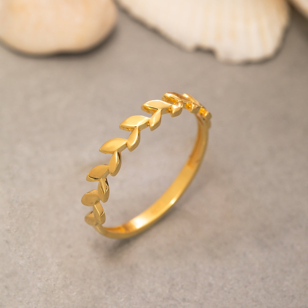 14K Solid Gold Thin Leaf Ring Y223