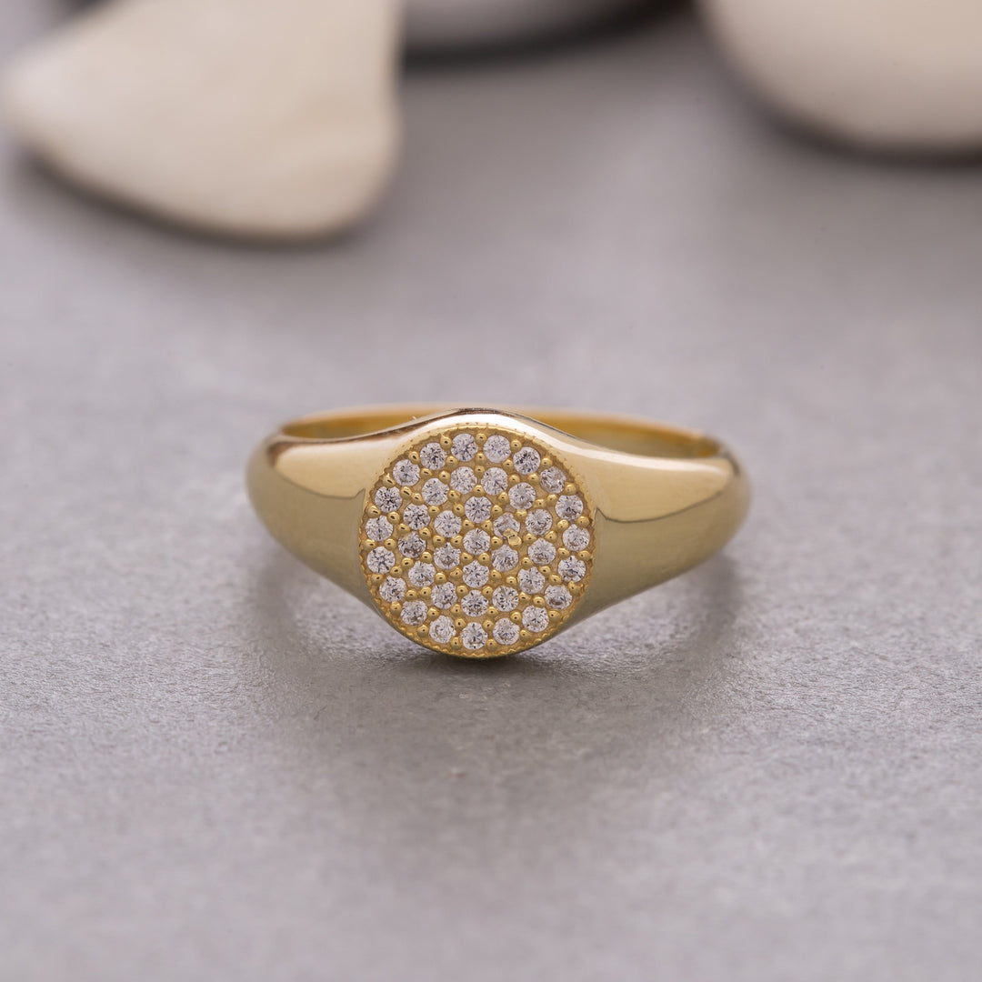 14K Solid Gold Pave Signet Ring Y125