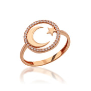 14K Solid Gold Moon Star Ring Y295