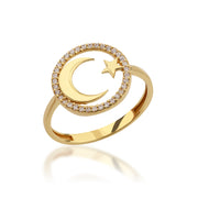 14K Solid Gold Moon Star Ring Y295