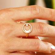 14K Solid Gold Moon Star Ring Y295