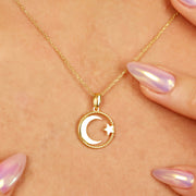 14K Solid Gold Moon Star Necklace K133