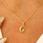 Load image into Gallery viewer, 14K Solid Gold Moon Star Necklace K150
