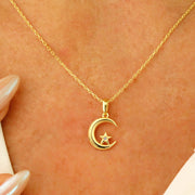 14K Solid Gold Moon Star Necklace K150