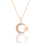 14K Solid Gold Moon Star Necklace K130