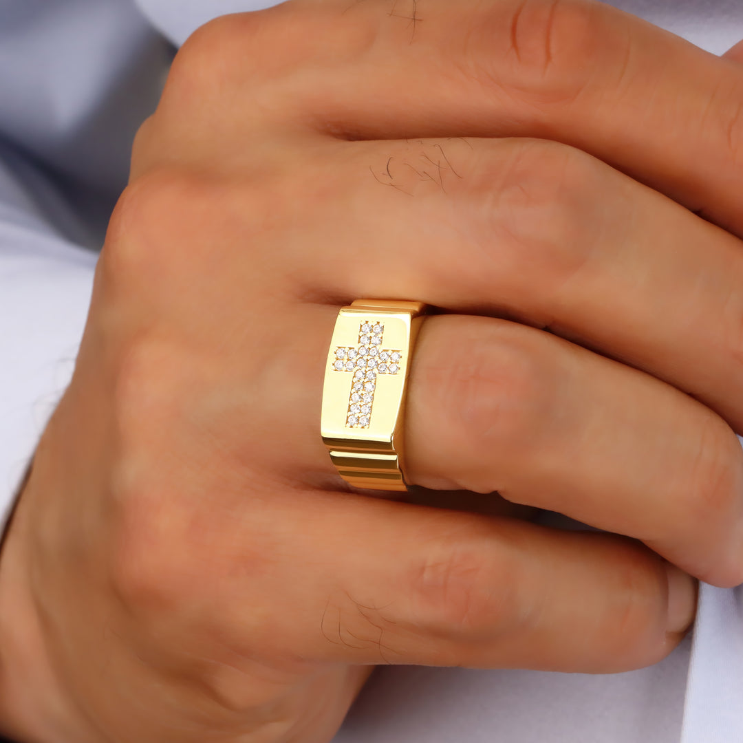 14K Solid Gold Men Cross Ring EY27