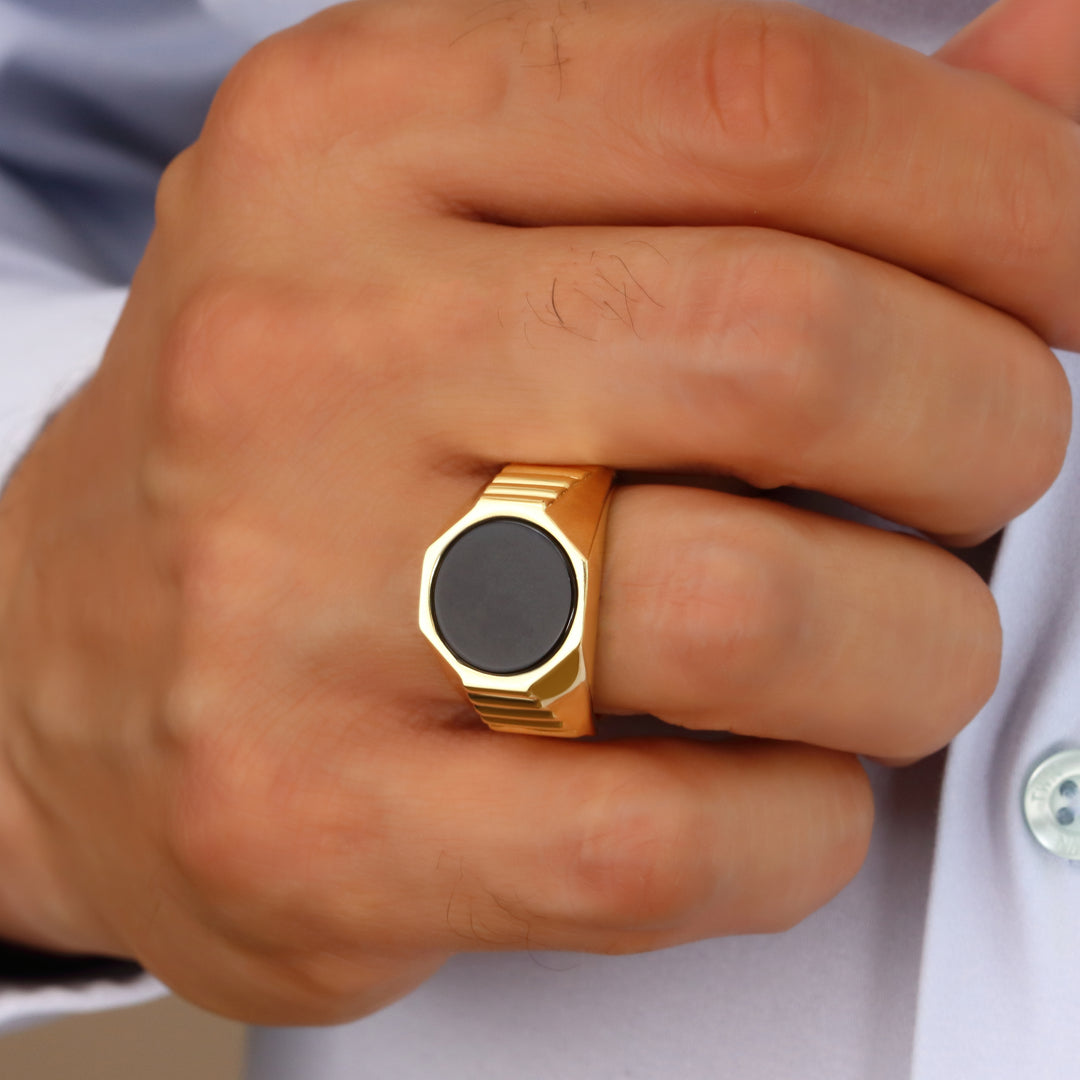 14K Solid Gold Men Onyx Stone Ring EY29