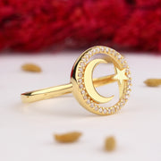 14K Solid Gold Moon Star Ring Y295