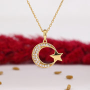 14K Solid Gold Moon Star Necklace K130