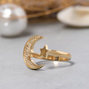 14K Solid Gold Moon And Star Ring Y251