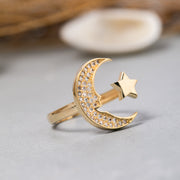 14K Solid Gold Moon And Star Ring Y251
