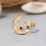 14K Solid Gold Moon And Star Ring Y251