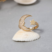 14K Solid Gold Moon And Star Ring Y251