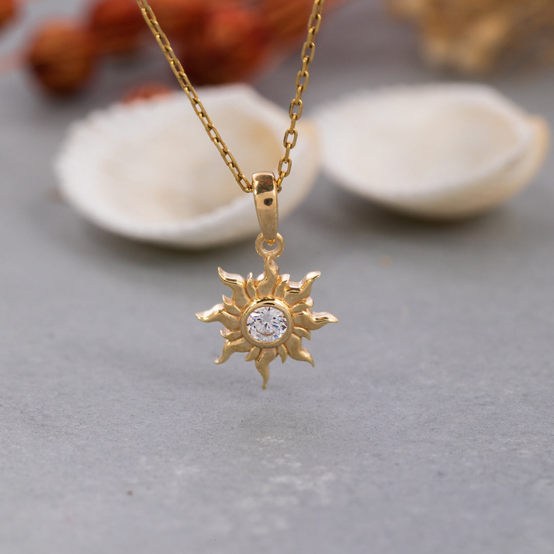 14K Solid Gold Sun Necklace K113