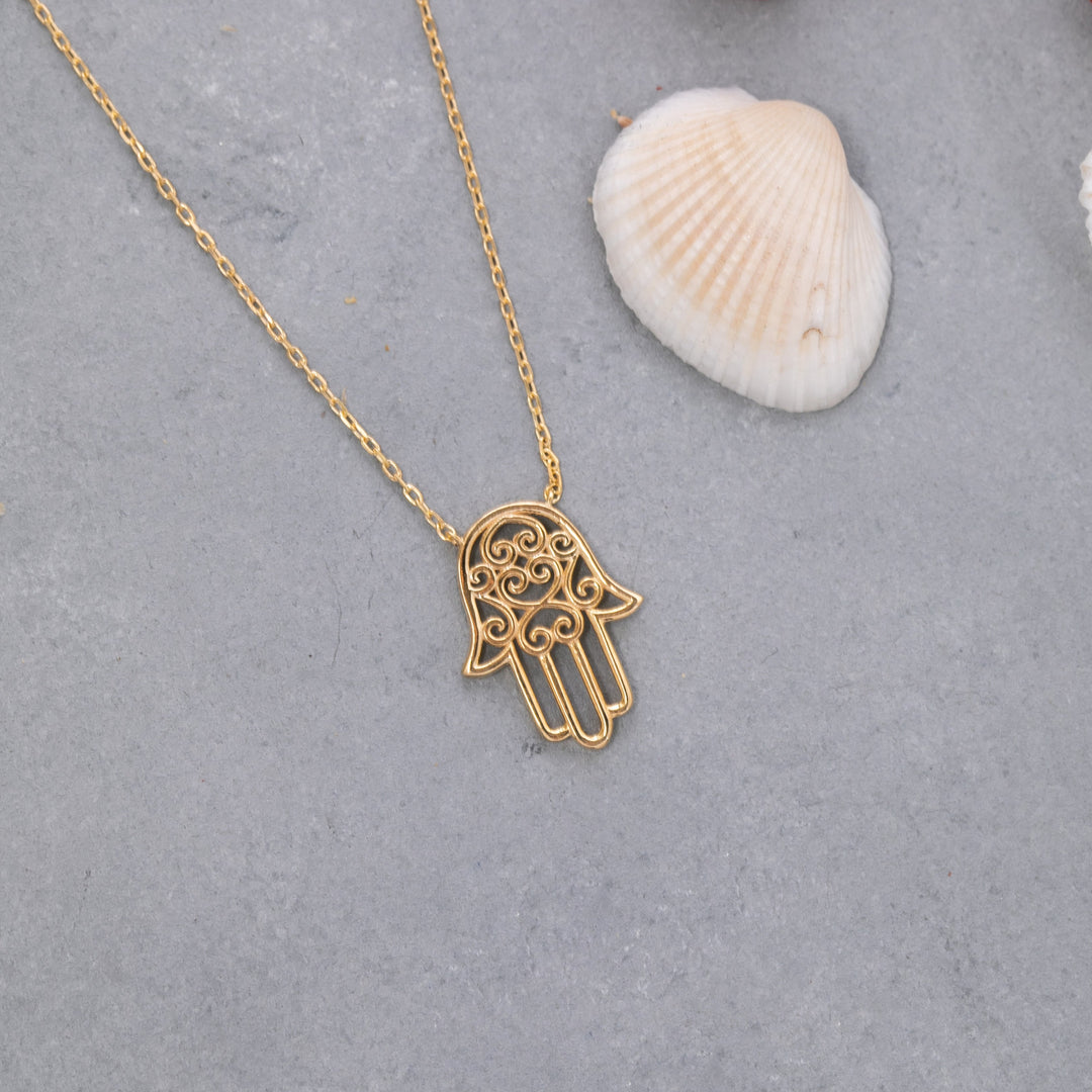 14K Solid Gold Hamsa Necklace K121