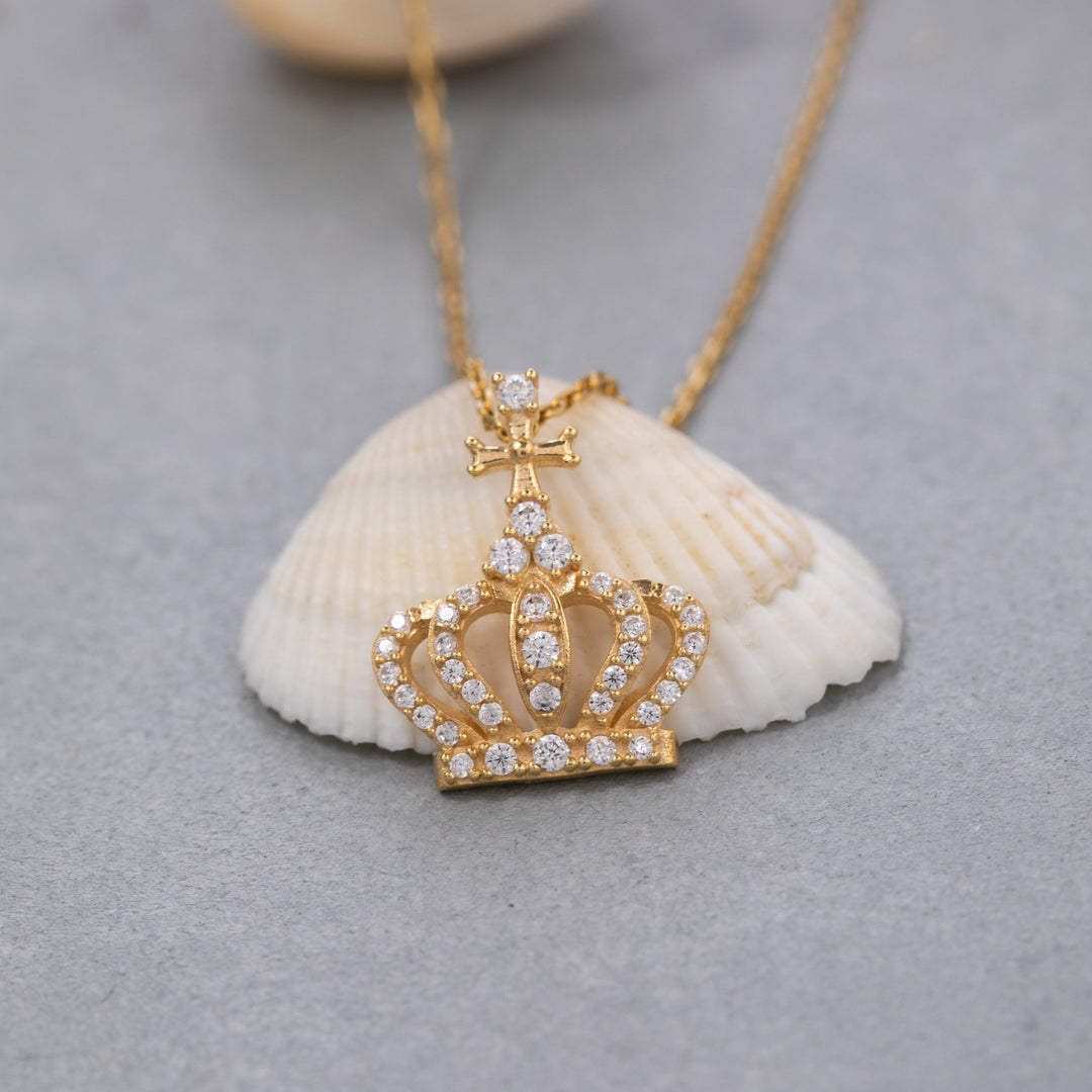 14K Solid Gold Crown Necklace K126