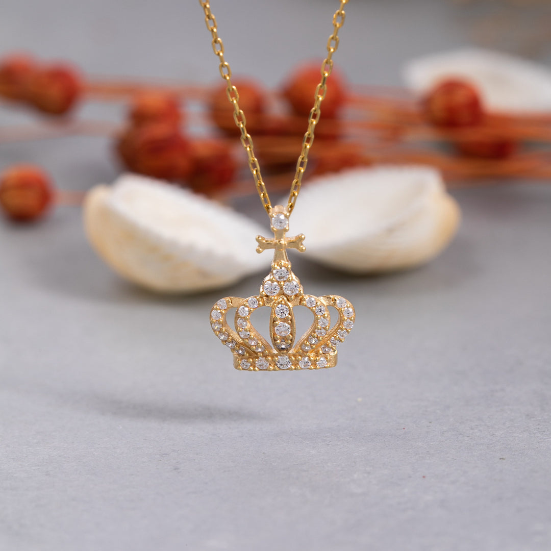 14K Solid Gold Crown Necklace K126