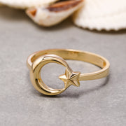 14K Solid Gold Moon and Star Ring Y178