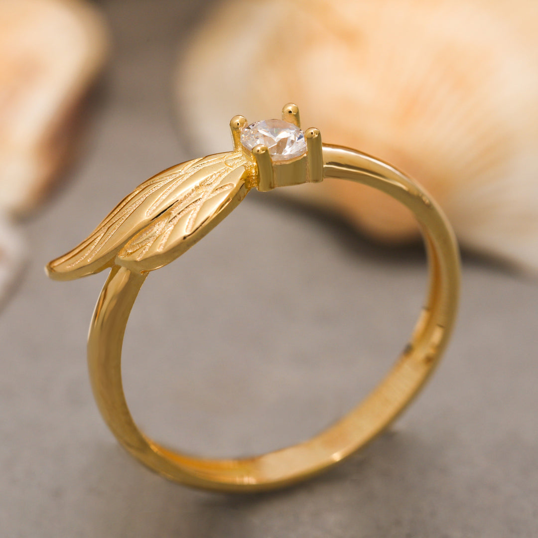 14K Solid Gold Angel Wing Ring Y192