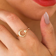 14K Solid Gold Moon and Star Ring Y178