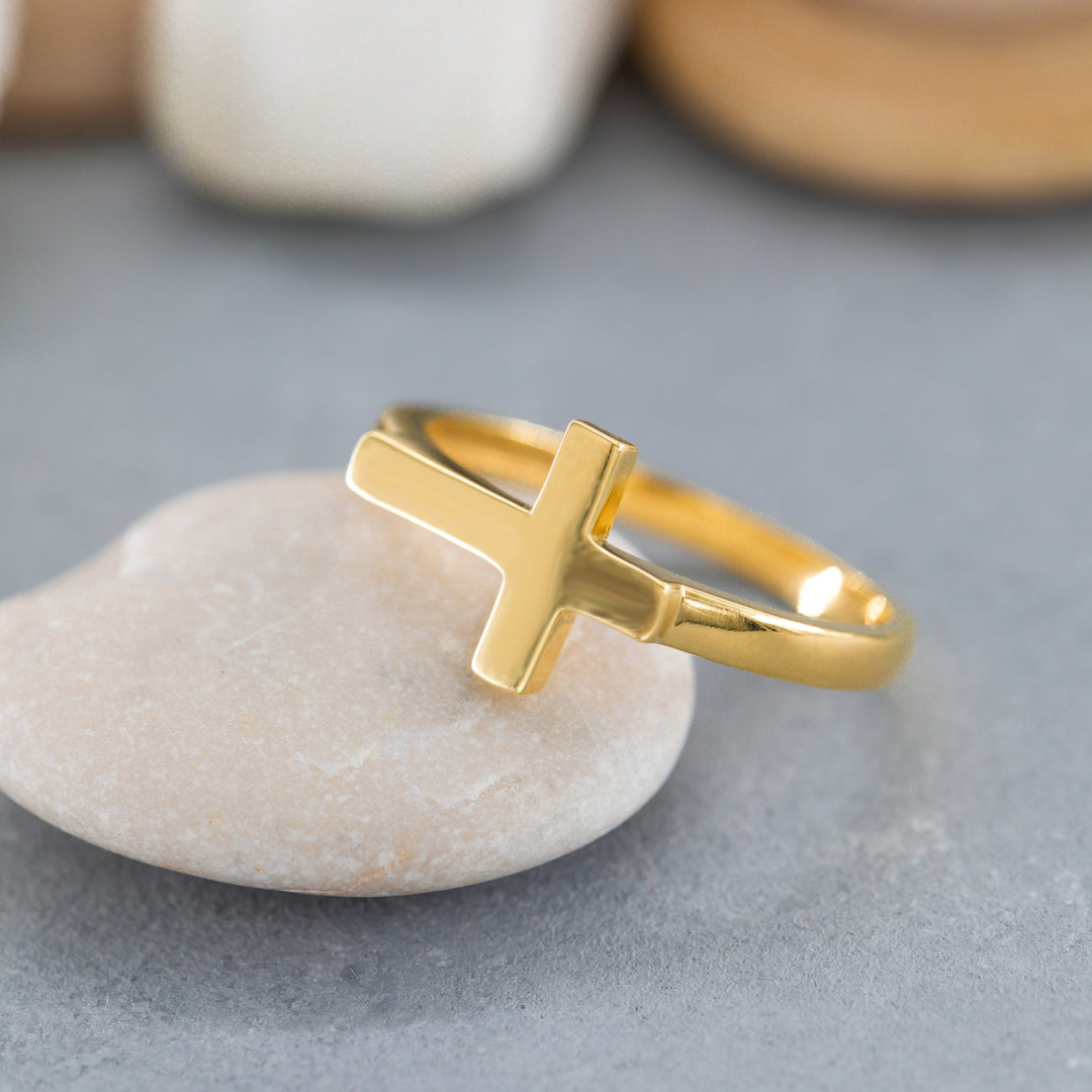 14K Solid Gold Cross Ring Y155