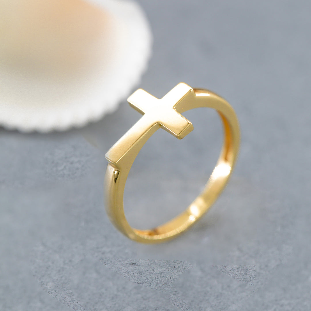 14K Solid Gold Cross Ring Y155