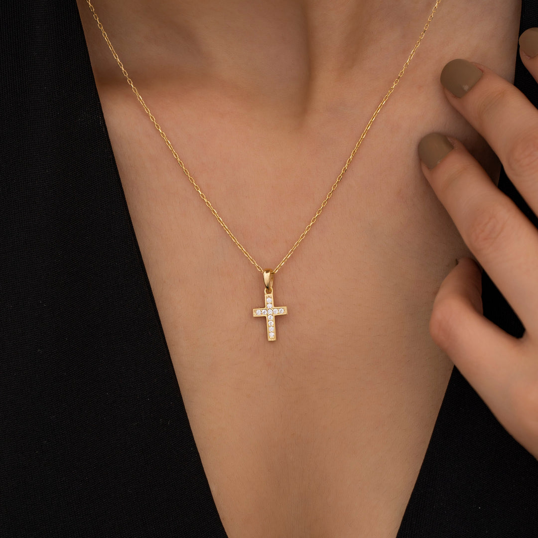 14K Solid Gold Tiny Cross Necklace K45