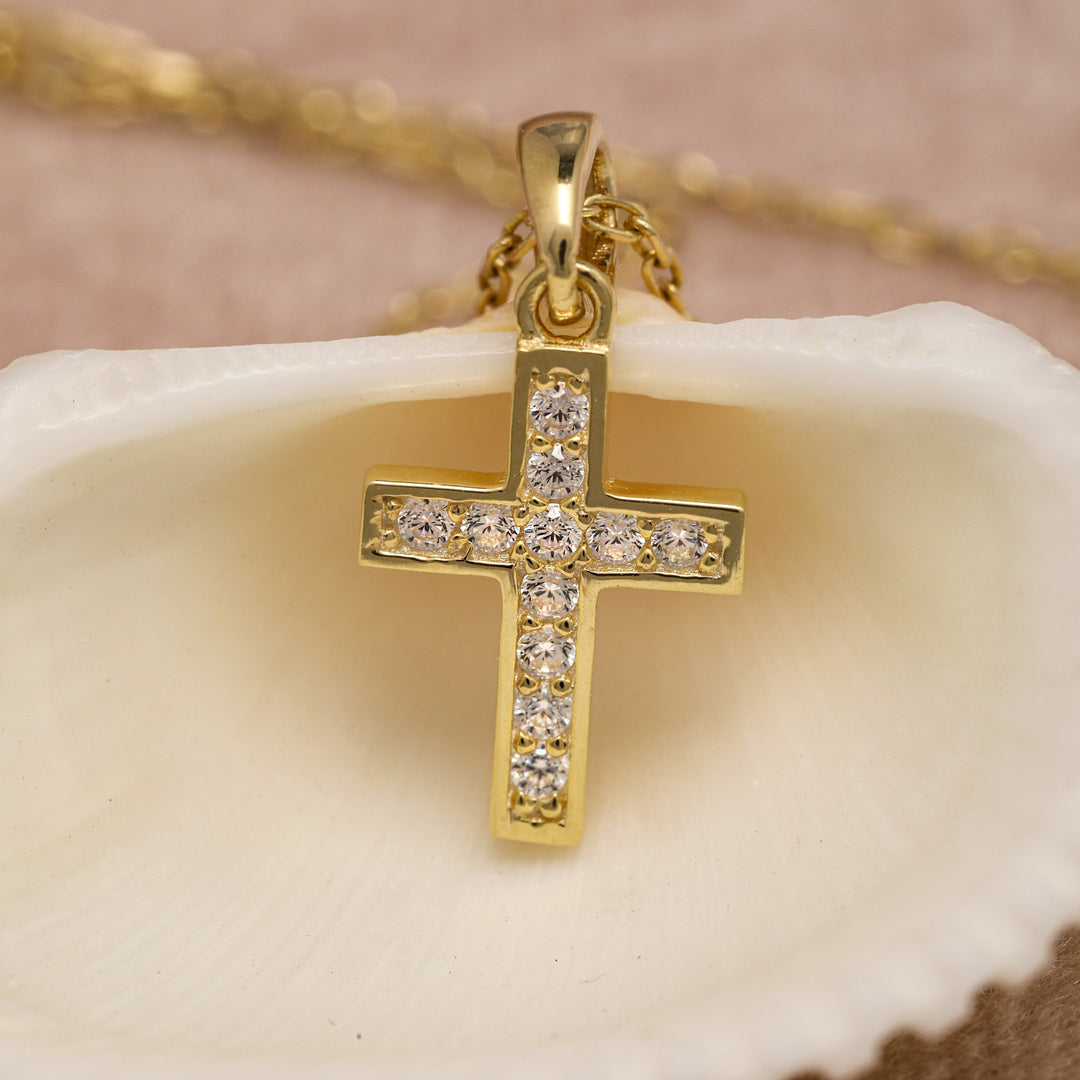 14K Solid Gold Tiny Cross Necklace K45