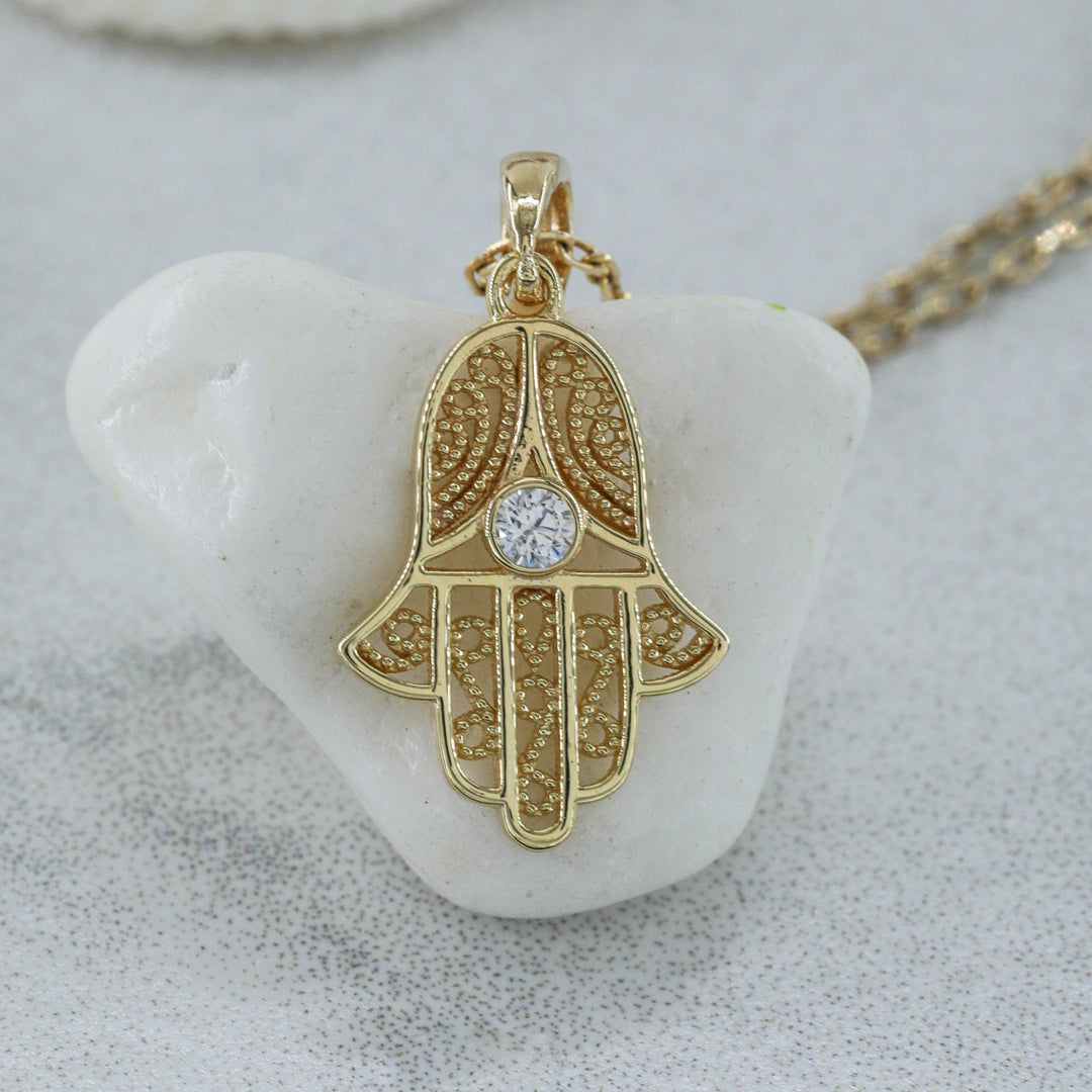 14K Solid Gold Tiny Hamsa Necklace K85