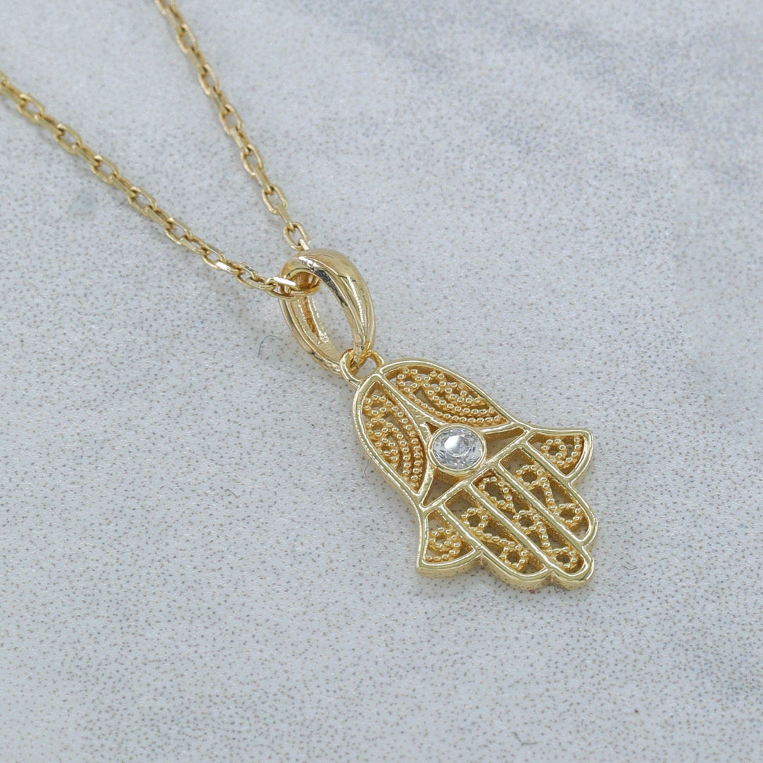 14K Solid Gold Tiny Hamsa Necklace K85