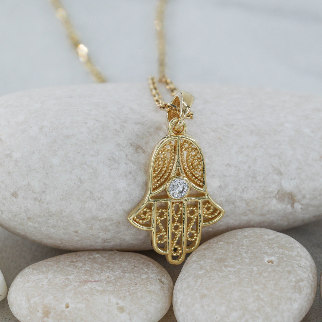 14K Solid Gold Tiny Hamsa Necklace K85