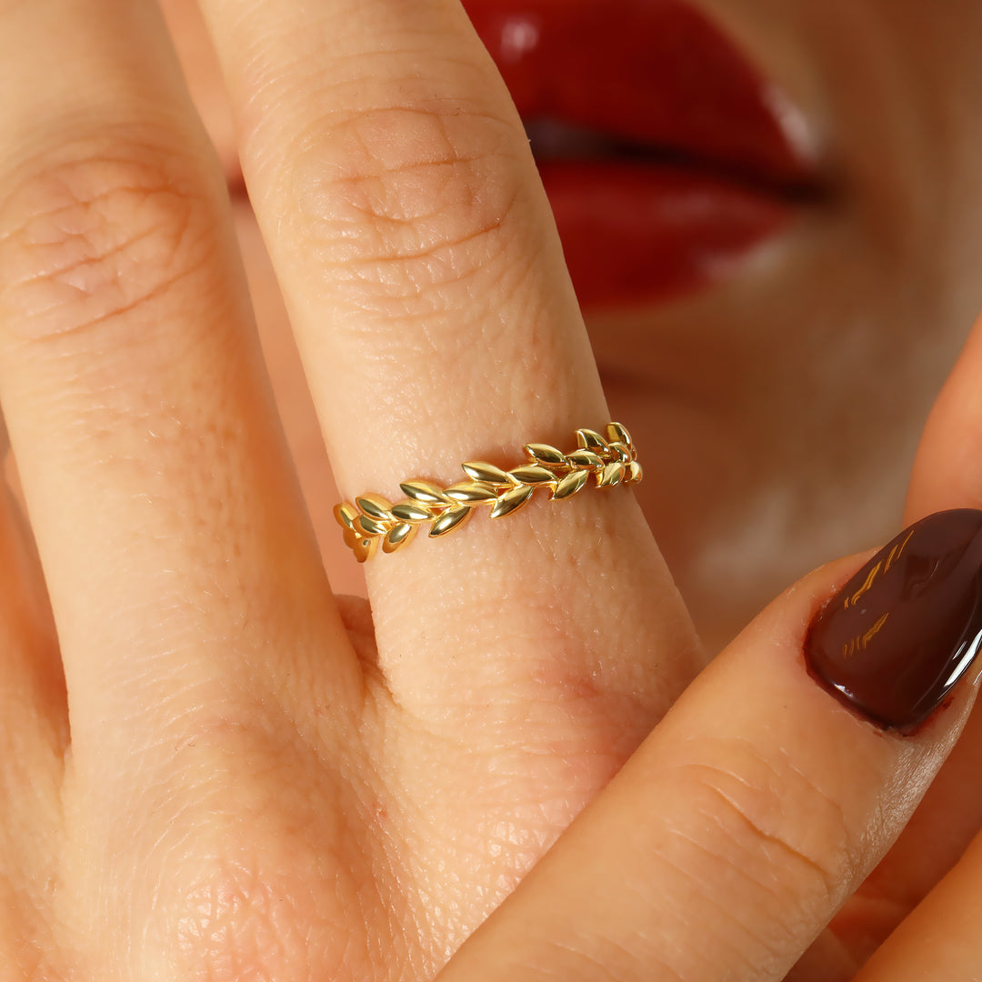 14K Solid Gold Leaf Ring Y385