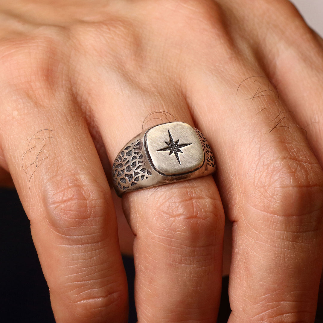 14K Solid Gold North Star Men Ring EY17