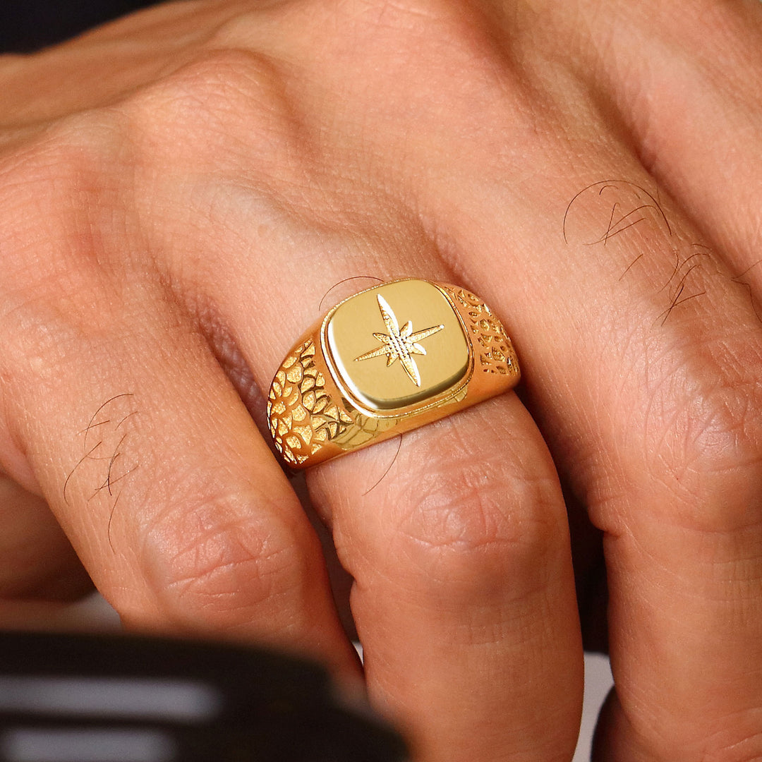 14K Solid Gold North Star Men Ring EY17