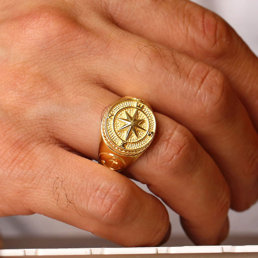 14K Solid Gold Compass Men Ring EY16