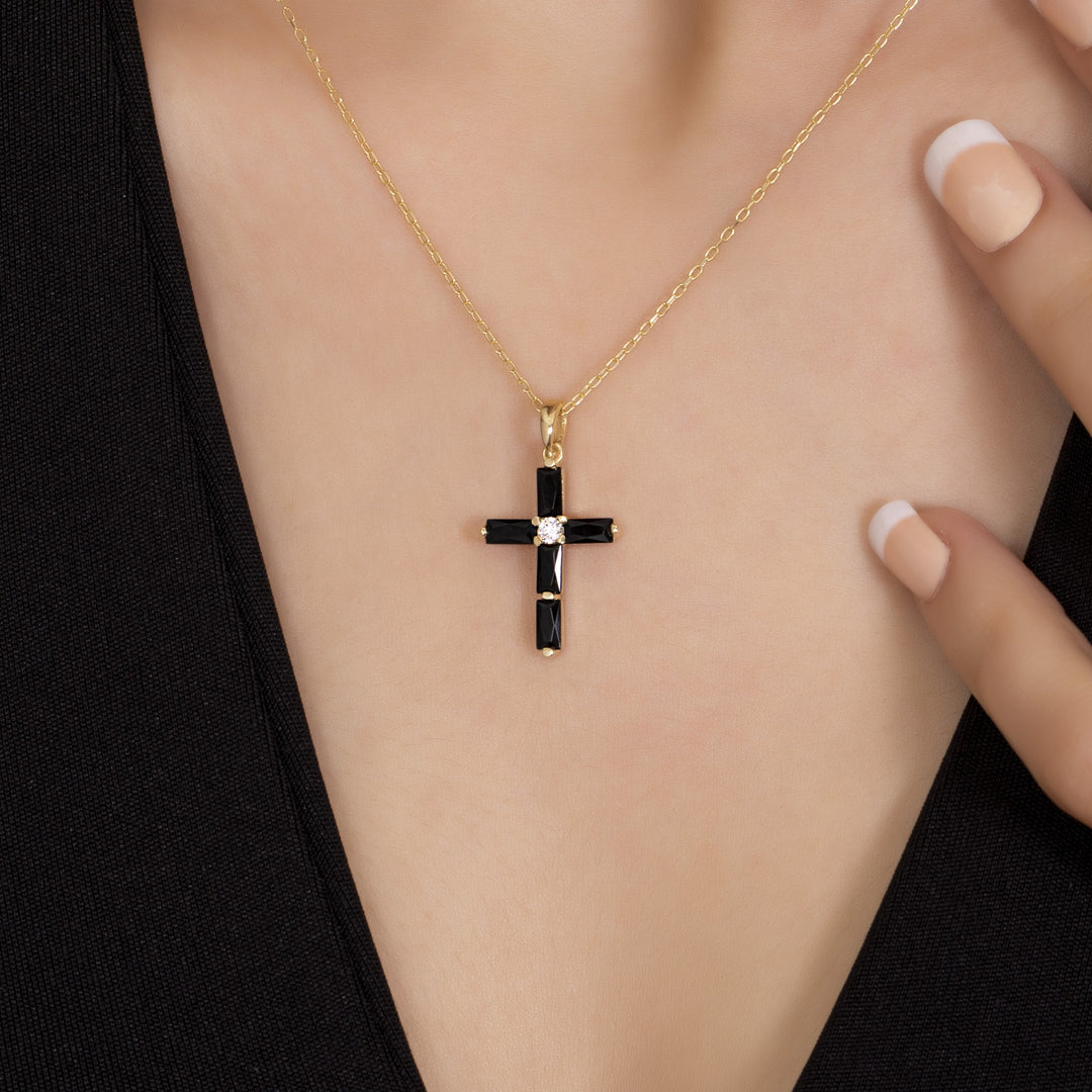 14K Solid Gold Baguette Cross Necklace K12