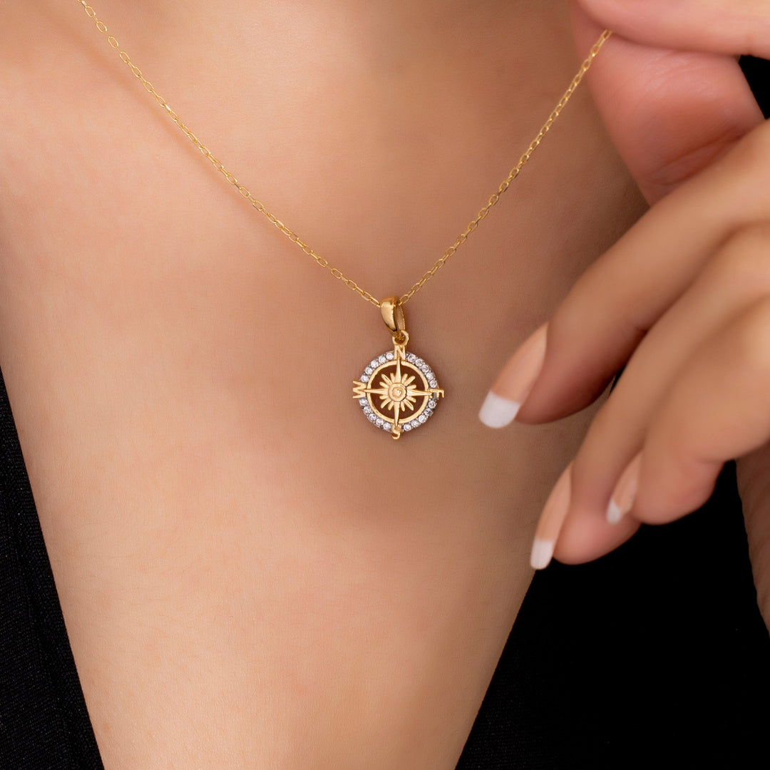 14K Solid Gold Compass Necklace K14