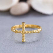 14K Solid Gold Cross Ring Y147