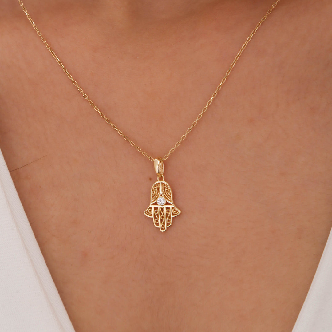 14K Solid Gold Tiny Hamsa Necklace K85