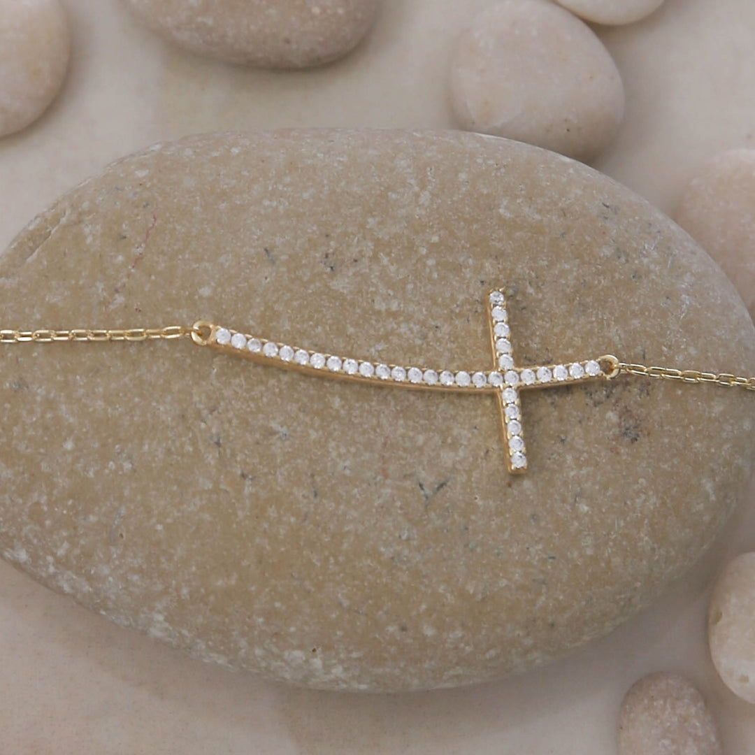 14K Solid Gold Curved Cross Necklace K82