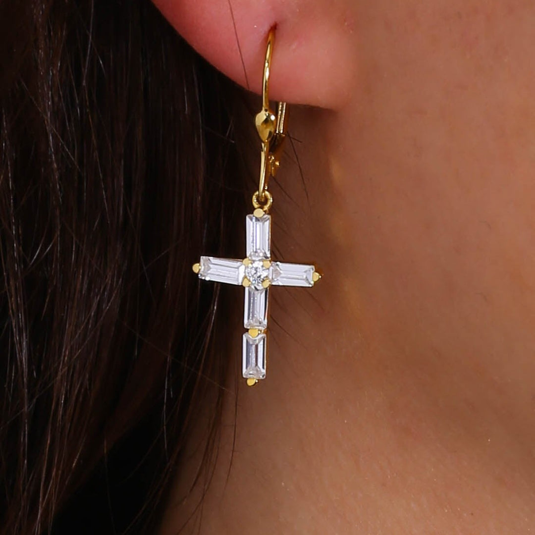 14K Solid Gold Baguette Cross Earrings E7