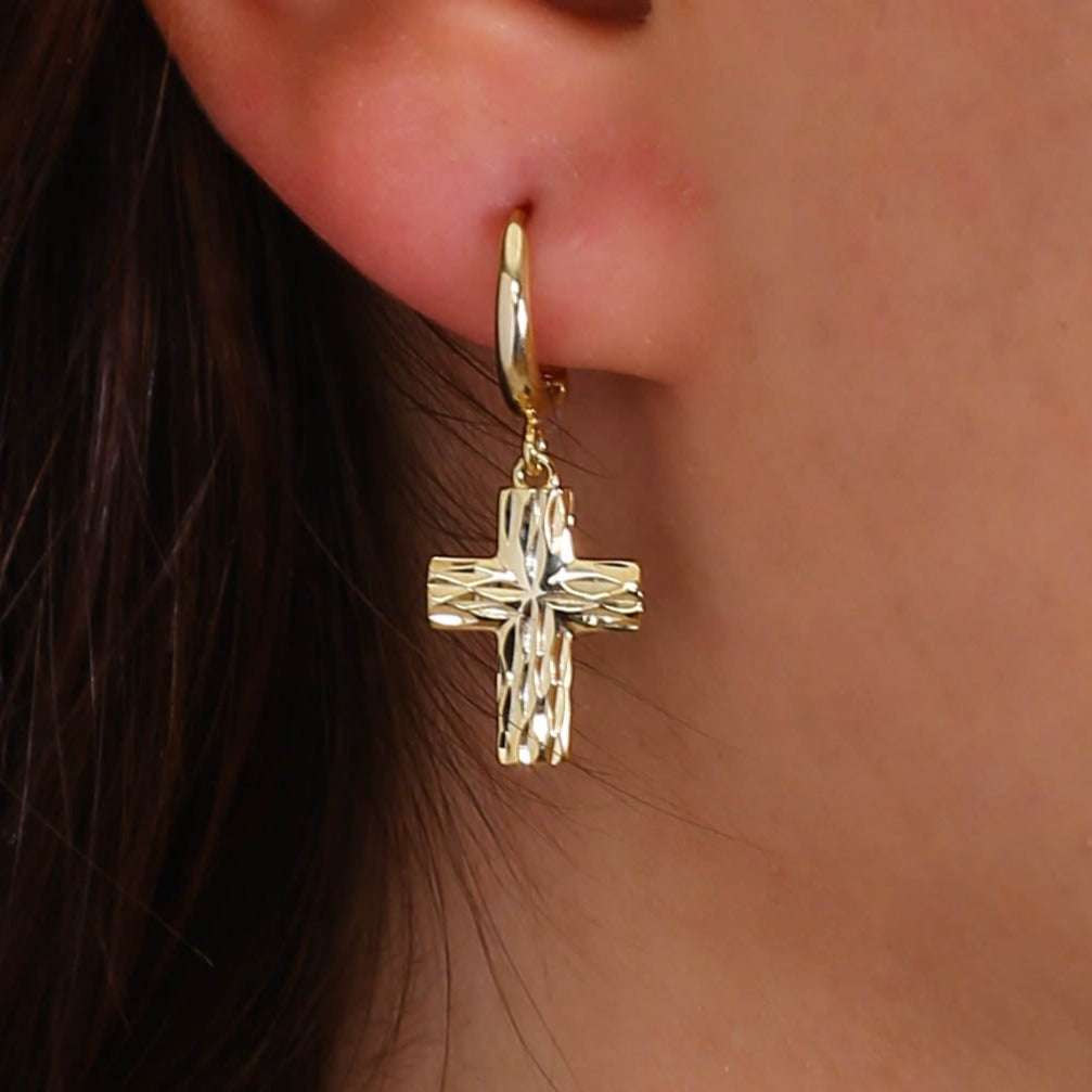 14K Solid Gold Hoop Cross Earrings E8