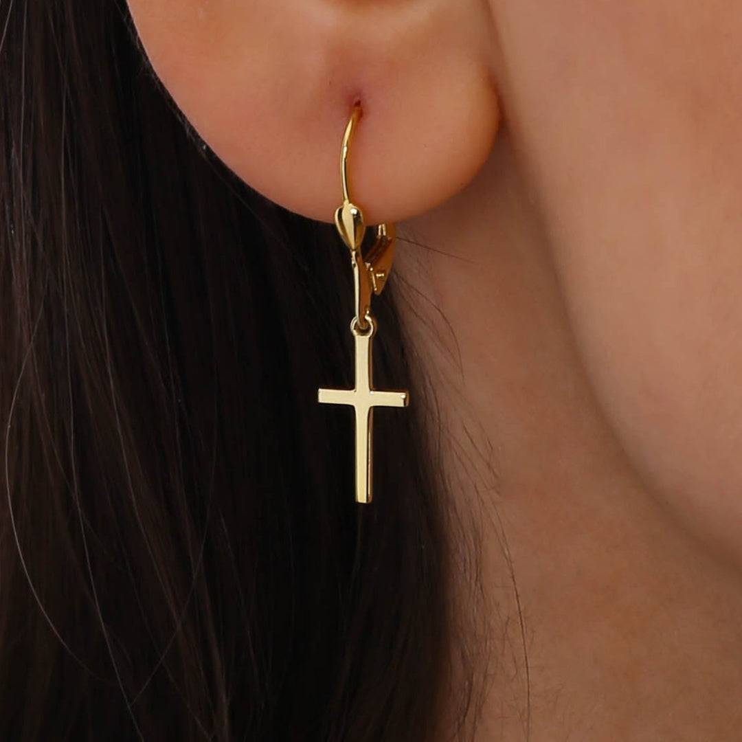 14K Solid Gold Cross Earrings E11