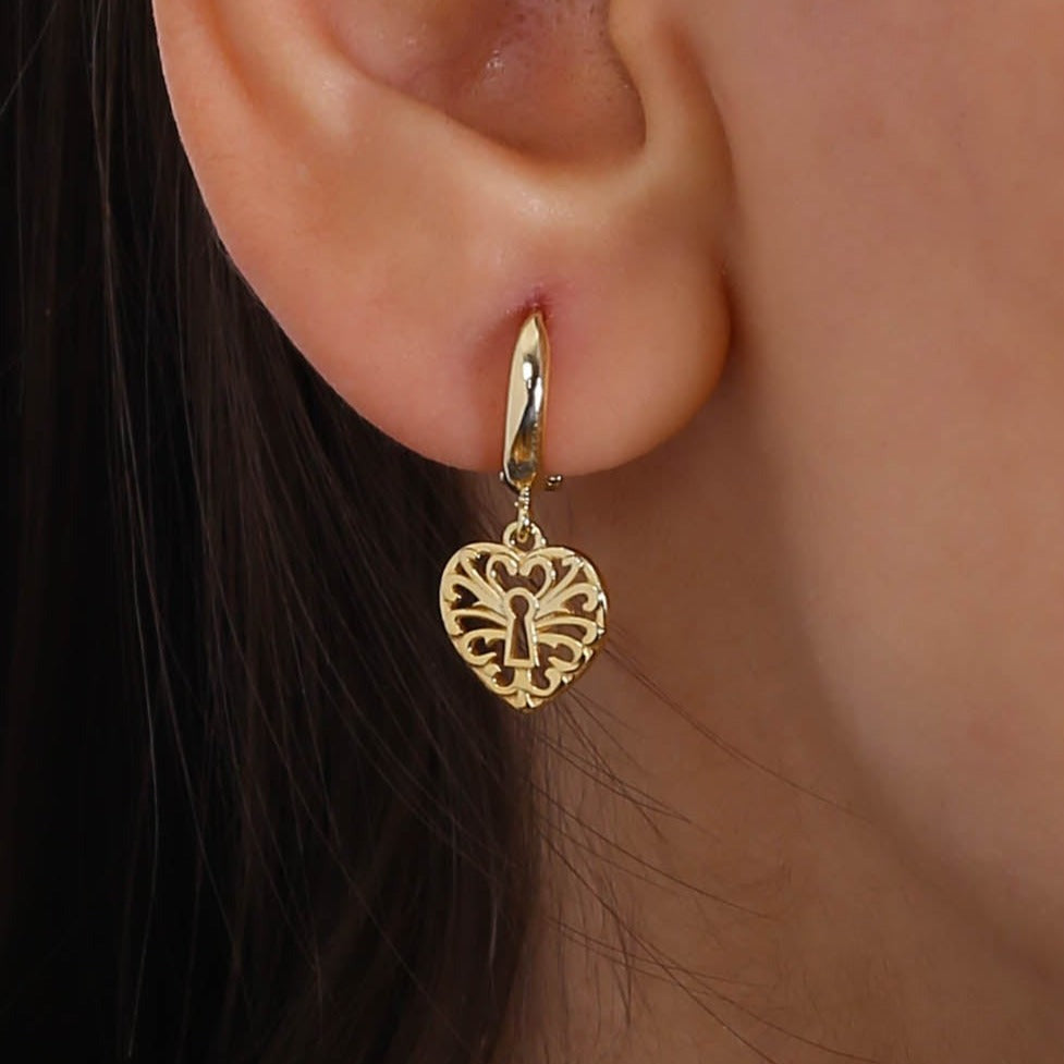 14K Solid Gold Heart Lock Earring E12